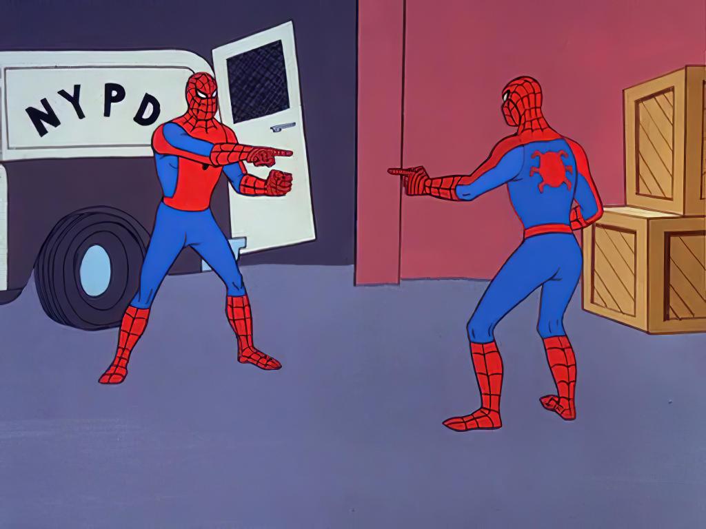 two spidermen pointing meme